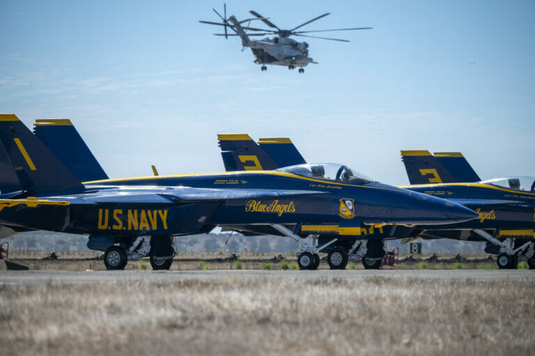 U.S. Marine Infantrymen with 3rd Battalion, 5th Marine Regiment, 1st Marine Division, provide ground security during the Marine Air-Ground Task Force demonstration of the 2022 Marine Corps Air Station Miramar Air Show at MCAS Miramar, San Diego, California, Sept. 24, 2022. The MAGTF Demo displays the coordinated use of close-air support, artillery and infantry forces, and provides a visual representation of how the Marine Corps operates. The theme for the 2022 MCAS Miramar Air Show, “Marines Fight, Evolve and Win,” reflects the Marine Corps’ ongoing modernization efforts to prepare for future conflicts. (U.S. Air Force photo by Adam Bowles)
